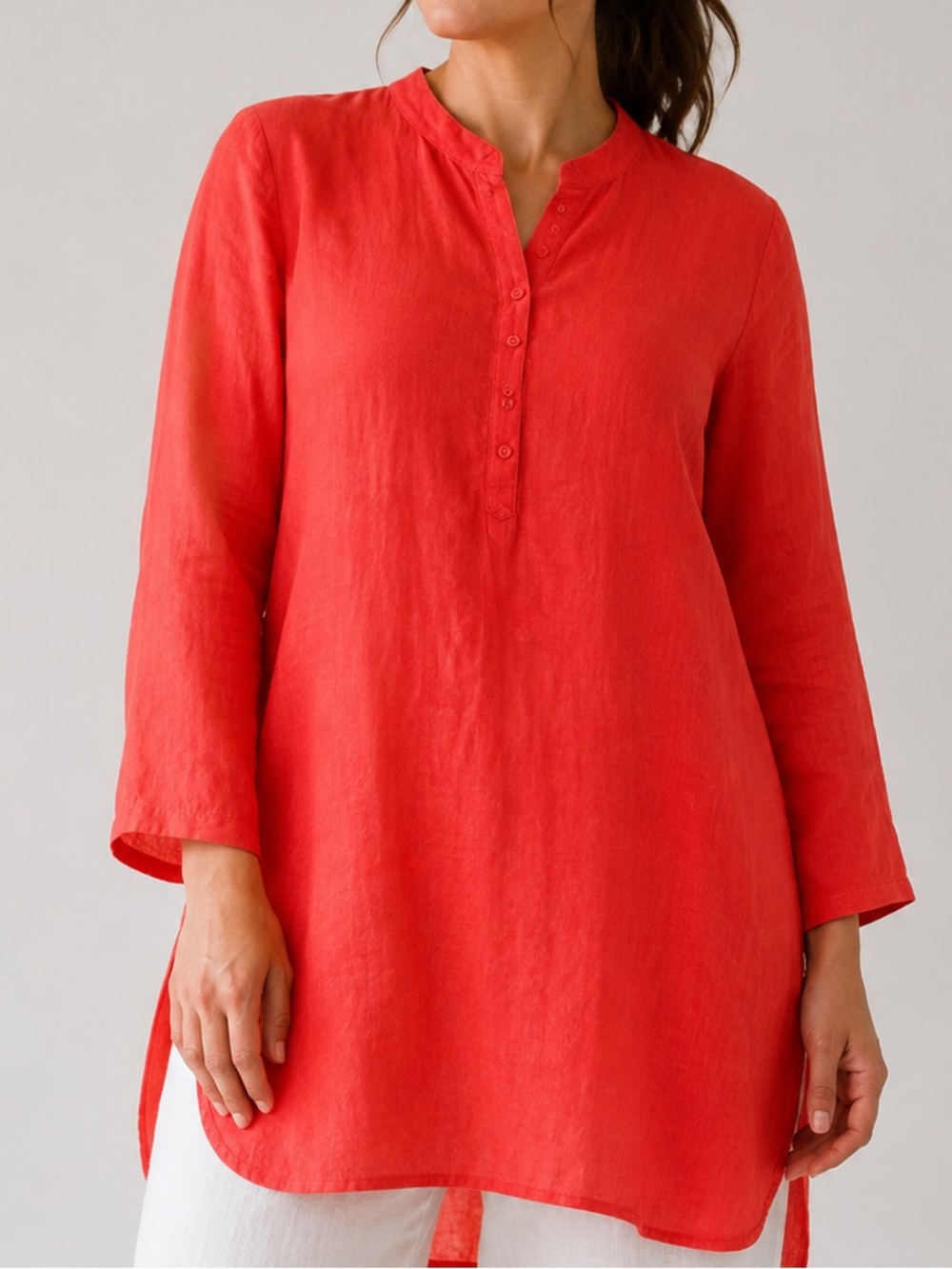 Eileen Fisher Organic Linen Red Mandarin Collar Tunic Top